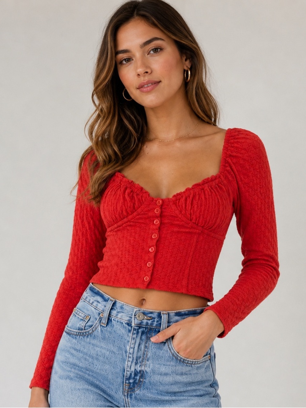 Free People Red Button-Front Sweetheart Long-Sleeve Crop Top